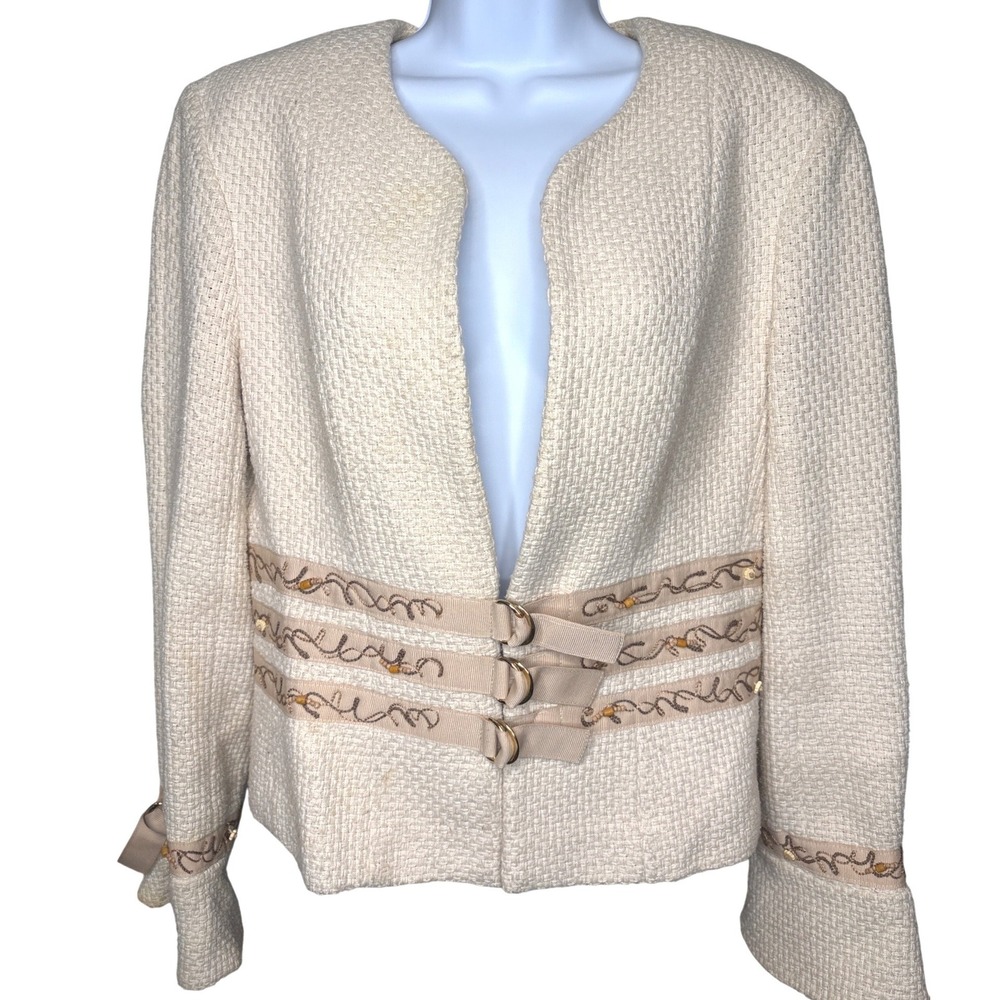 Angel Nina Womens Cream Tweed Basketweave Buckle Blazer Jacket Sz L Parisian